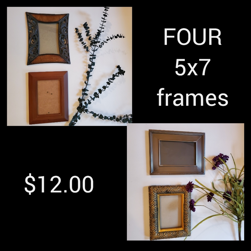 FOUR 5x7 Frames (2 wood, 1 Silver, 1 Gold) EUC